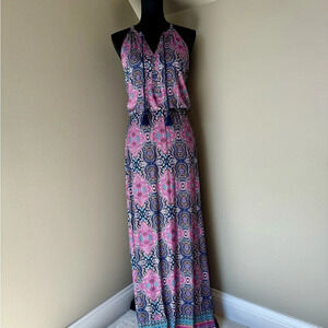 Cynthia Rowley Boho Maxi Dress size Medium Purple Pink Paisley Halter Tassel tie